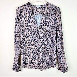 Joie Leopard Animal Print Bell Flare Sleeve V Neck Long Sleeve Blouse Size M